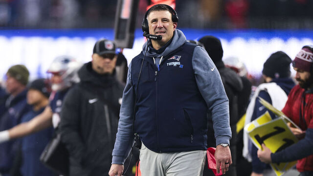 FOXBOROUGH, MASSACHUSETTS - JANUARY 18: Head coach Mike Vrabel of the New England Patriots stands on the sidelines during the first half of an AFC Divisional Playoff game against the Houston Texans at Gillette Stadium on January 18, 2026 in Foxborough, Massachusetts.