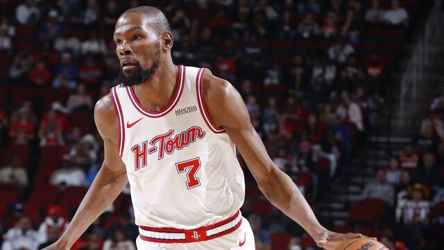 HOUSTON, TX - JANUARY 18: Kevin Durant #7 of the Houston Rockets dribbles the ball during the game against the New Orleans Pelicans on January 18, 2026 at the Toyota Center in Houston, Texas. Mandatory Copyright Notice: Copyright 2026 NBAE