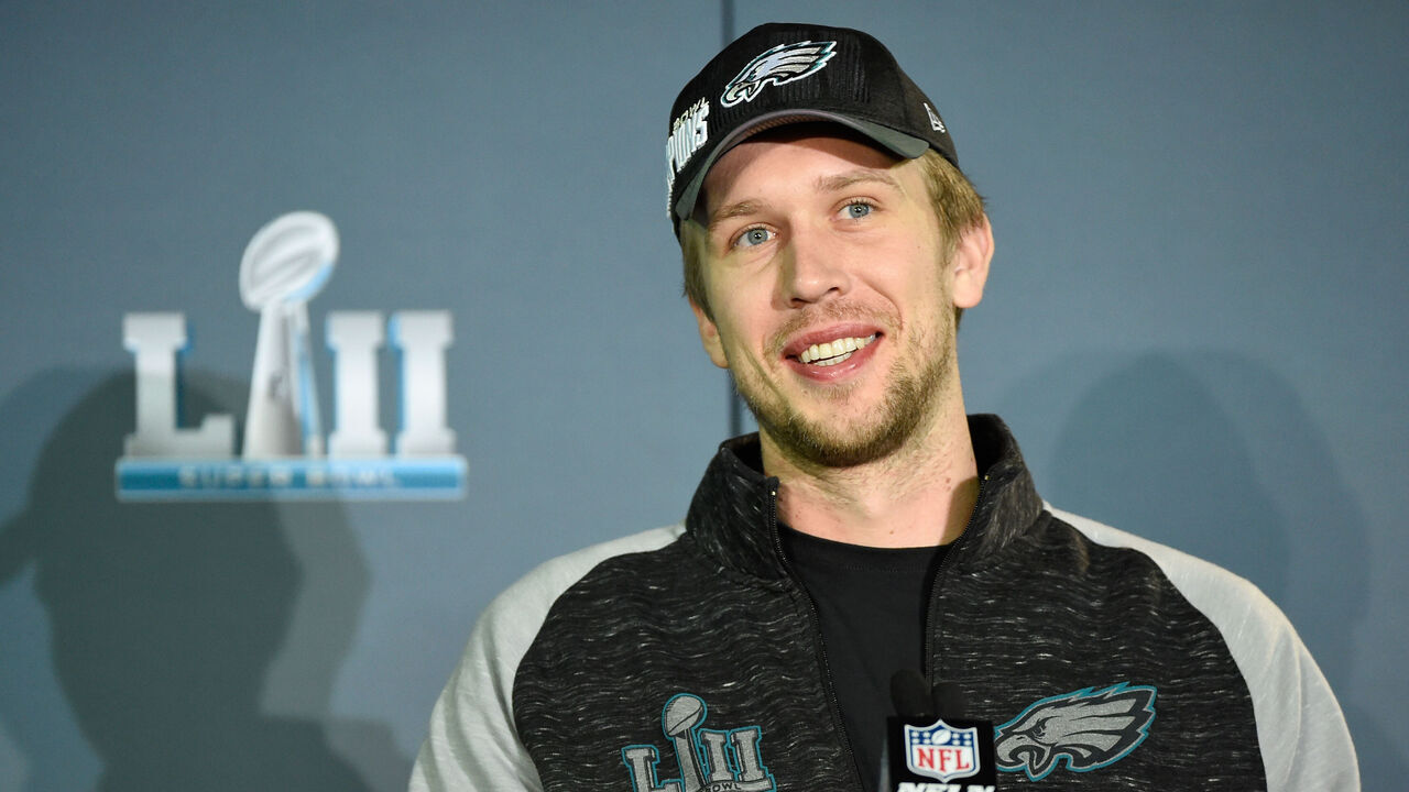 BLOOMINGTON, MN - FEBRUARY 05: Nick Foles #9 of the Philadelphia Eagles speaks to the media during Super Bowl LII media availability on February 5, 2018 at Mall of America in Bloomington, Minnesota. The Philadelphia Eagles defeated the New England Patriots in Super Bowl LII 41-33 on February 4th.