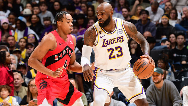 LOS ANGELES, CA - JANUARY 18: LeBron James #23 of the Los Angeles Lakers dribbles the ball during the game against the Toronto Raptors on JANUARY 18, 2026 at Crypto.Com Arena in Los Angeles, California. NOTE TO USER: User expressly acknowledges and agrees that, by downloading and/or using this Photograph, user is consenting to the terms and conditions of the Getty Images License Agreement. Mandatory Copyright Notice: Copyright 2026 NBAE