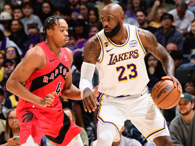 LOS ANGELES, CA - JANUARY 18: LeBron James #23 of the Los Angeles Lakers dribbles the ball during the game against the Toronto Raptors on JANUARY 18, 2026 at Crypto.Com Arena in Los Angeles, California. NOTE TO USER: User expressly acknowledges and agrees that, by downloading and/or using this Photograph, user is consenting to the terms and conditions of the Getty Images License Agreement. Mandatory Copyright Notice: Copyright 2026 NBAE
