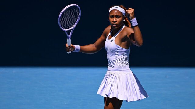MELBOURNE, AUSTRALIA - JANUARY 19: Coco Gauff of the United States reacts against Kamilla Rakhimova of Uzbekistan during the Women's Singles first round match of the 2026 Australian Open at Melbourne Park on January 19, 2026 in Melbourne, Australia.