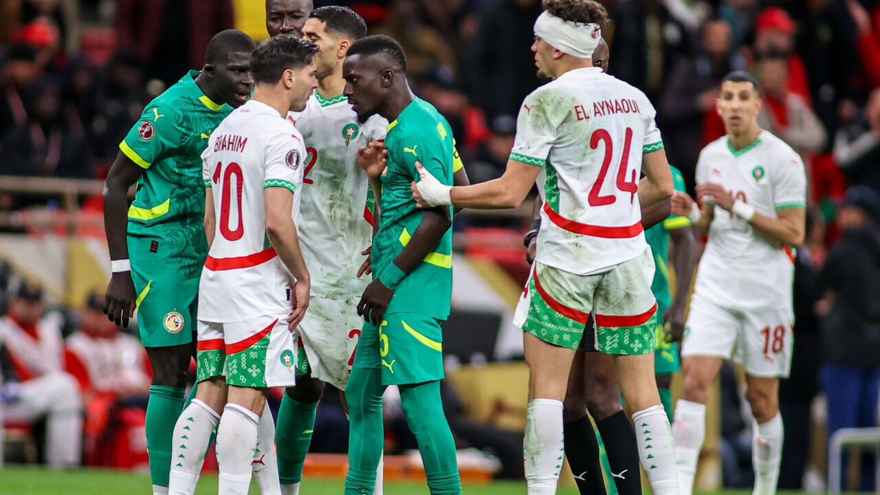 Rabat, Morocco - January 18: Morocco's Brahim Diaz and Senegal's Idrissa Gana Gueye in heated discussion about penalty decision during the Africa Cup Of Nations Final match between Senegal and Morocco at Prince Moulay Abdellah Stadium on January 18, 2026 in Rabat, Morocco.