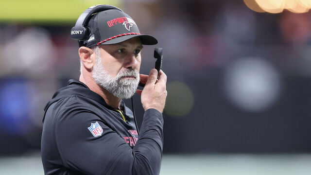 ATLANTA, GEORGIA - JANUARY 04: Defensive coordinator Jeff Ulbrich of the Atlanta Falcons looks on during the first half of the game against the New Orleans Saints at Mercedes-Benz Stadium on January 04, 2026 in Atlanta, Georgia.