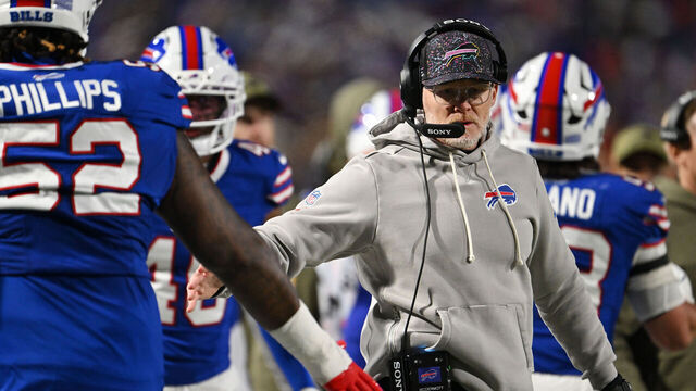 ORCHARD PARK, NEW YORK - NOVEMBER 02: Head coach Sean McDermott of the Buffalo Bills celebrates with Jordan Phillips #52 during the second quarter in the game against the Kansas City Chiefs at Highmark Stadium on November 02, 2025 in Orchard Park, New York.
