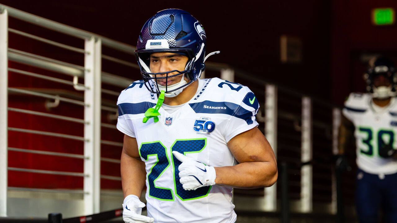 SANTA CLARA, CA - JANUARY 03: Zach Charbonnet #26 of the Seattle Seahawks enters the field before an NFL game between the Seattle Seahawks and the San Francisco 49ers on January 3, 2026 at Levi's Stadium in Santa Clara, CA.