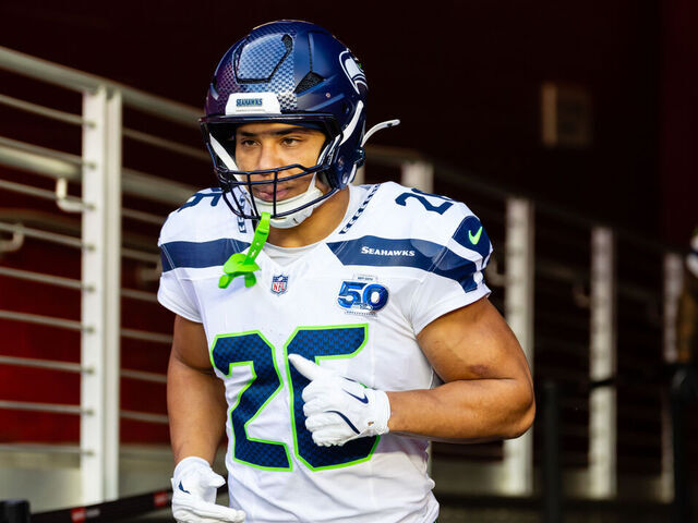 SANTA CLARA, CA - JANUARY 03: Zach Charbonnet #26 of the Seattle Seahawks enters the field before an NFL game between the Seattle Seahawks and the San Francisco 49ers on January 3, 2026 at Levi's Stadium in Santa Clara, CA.