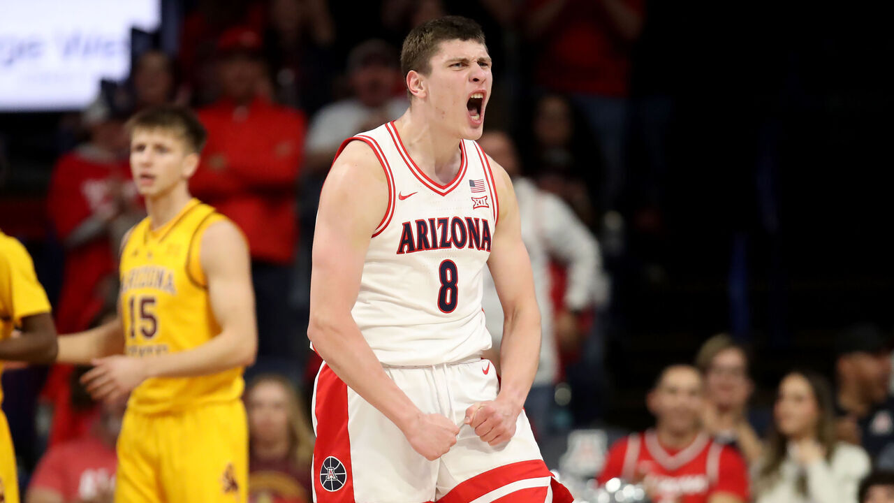 TUCSON, AZ - JANUARY 14: Arizona Wildcats forward Ivan Kharchenkov (8) celebrates during a men's basketball game between the Arizona State Sun Devils and the Arizona Wildcats on January 14, 2026, at McKale Center in Tucson, AZ.