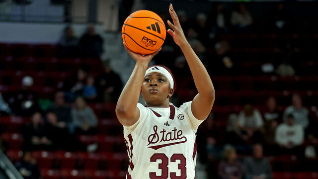 STARKVILLE, MISSISSIPPI - JANUARY 15: Kharyssa Richardson #33 of the Mississippi State Bulldogs warms up prior to the game against the Vanderbilt Commodores at Humphrey Coliseum on January 15, 2026 in Starkville, Mississippi.