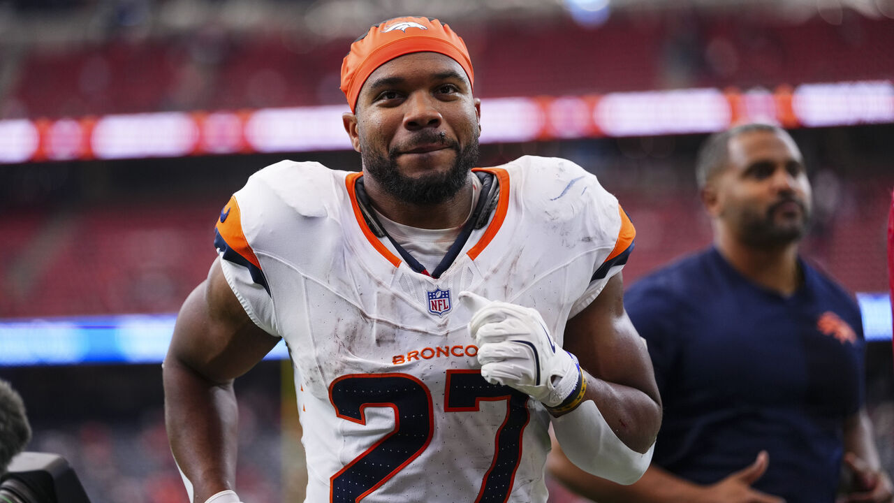 HOUSTON, TX - NOVEMBER 02: J.K. Dobbins #27 of the Denver Broncos exits the field after an NFL football game against the Houston Texans at NRG Stadium on November 2, 2025 in Houston, Texas.