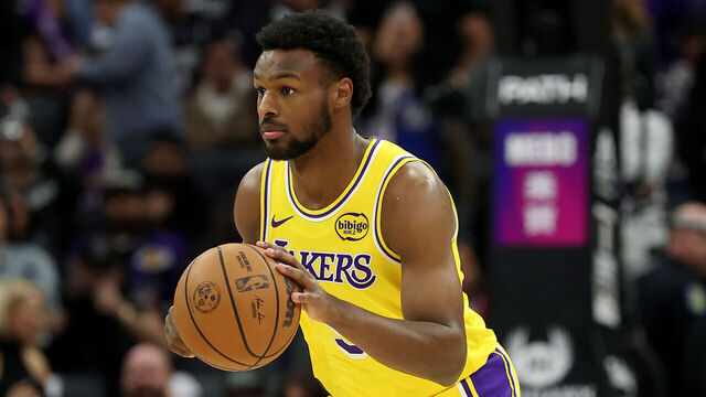 SACRAMENTO, CALIFORNIA - JANUARY 12: Bronny James #9 of the Los Angeles Lakers dribbles down the court against the Sacramento Kings at Golden 1 Center on January 12, 2026 in Sacramento, California. NOTE TO USER: User expressly acknowledges and agrees that, by downloading and/or using this photograph, user is consenting to the terms and conditions of the Getty Images License Agreement.