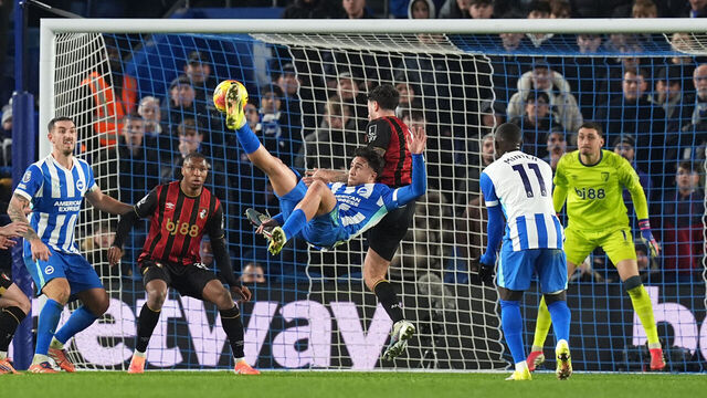 Brighton and Hove Albion's Charalampos Kostoulas scores their side's first goal of the game during the Premier League match at the American Express Stadium, Brighton and Hove. Picture date: Monday January 19, 2026.