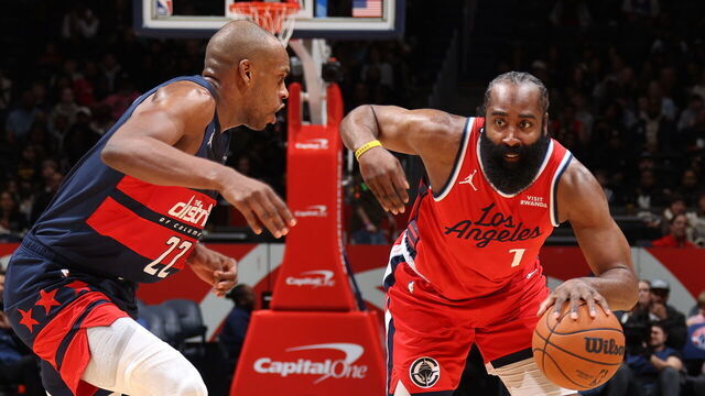 WASHINGTON, DC - JANUARY 19: James Harden #1 of the LA Clippers dribbles the ball during the game against the Washington Wizards on January 19, 2026 at Capital One Arena in Washington, DC. Mandatory Copyright Notice: Copyright 2026 NBAE