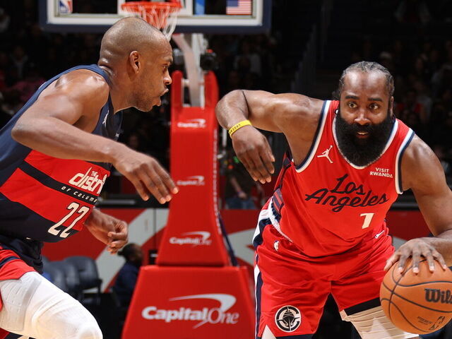 WASHINGTON, DC - JANUARY 19: James Harden #1 of the LA Clippers dribbles the ball during the game against the Washington Wizards on January 19, 2026 at Capital One Arena in Washington, DC. Mandatory Copyright Notice: Copyright 2026 NBAE