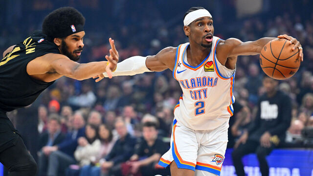 CLEVELAND, OHIO - JANUARY 19: Guard Shai Gilgeous-Alexander #2 of the Oklahoma City Thunder drives to the basket during the first quarter against the Cleveland Cavaliers at Rocket Arena on January 19, 2026 in Cleveland, Ohio.