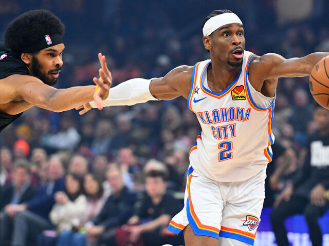 CLEVELAND, OHIO - JANUARY 19: Guard Shai Gilgeous-Alexander #2 of the Oklahoma City Thunder drives to the basket during the first quarter against the Cleveland Cavaliers at Rocket Arena on January 19, 2026 in Cleveland, Ohio.