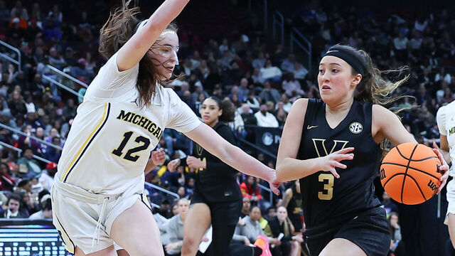 NEWARK, NJ - JANUARY 19: Aubrey Galvan #3 of the Vanderbilt Commodores controls the ball during the Coretta Scott King Classic game against the Michigan Wolverines on January 19, 2026 at Prudential Center in Newark, New Jersey.