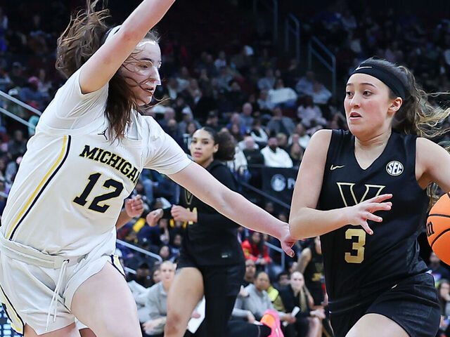 NEWARK, NJ - JANUARY 19: Aubrey Galvan #3 of the Vanderbilt Commodores controls the ball during the Coretta Scott King Classic game against the Michigan Wolverines on January 19, 2026 at Prudential Center in Newark, New Jersey.