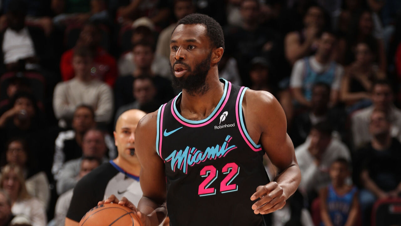 MIAMI, FL - JANUARY 17: Andrew Wiggins #22 of the Miami Heat dribbles the ball during the game against the Oklahoma City Thunder on January 17, 2026 at Kaseya Center in Miami, Florida. Mandatory Copyright Notice: Copyright 2026 NBAE