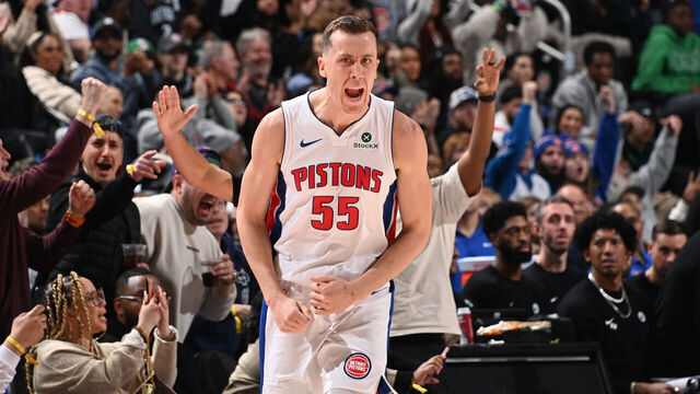 DETROIT, MI - JANUARY 19: Duncan Robinson #55 of the Detroit Pistons celebrates during the game against the Boston Celtics on January 19, 2026 at Little Caesars Arena in Detroit, Michigan. NOTE TO USER: User expressly acknowledges and agrees that, by downloading and/or using this photograph, User is consenting to the terms and conditions of the Getty Images License Agreement. Mandatory Copyright Notice: Copyright 2026 NBAE