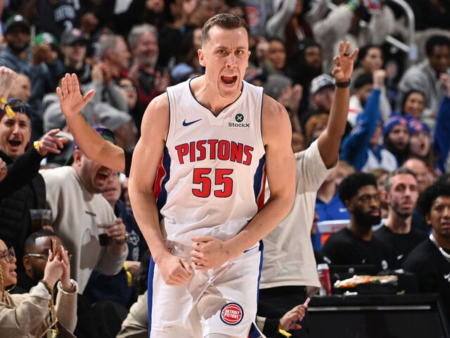 DETROIT, MI - JANUARY 19: Duncan Robinson #55 of the Detroit Pistons celebrates during the game against the Boston Celtics on January 19, 2026 at Little Caesars Arena in Detroit, Michigan. NOTE TO USER: User expressly acknowledges and agrees that, by downloading and/or using this photograph, User is consenting to the terms and conditions of the Getty Images License Agreement. Mandatory Copyright Notice: Copyright 2026 NBAE