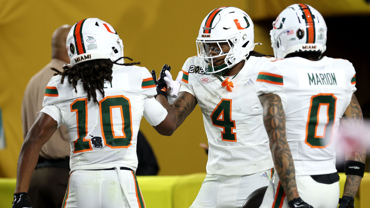 MIAMI GARDENS, FLORIDA - JANUARY 19: Mark Fletcher Jr. #4 of the Miami Hurricanes celebrates a third quarter \touchdown against the Indiana Hoosiers in the 2026 College Football Playoff National Championship at Hard Rock Stadium on January 19, 2026 in Miami Gardens, Florida.