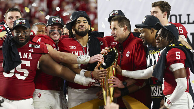 MIAMI GARDENS, FLORIDA - JANUARY 19: Curt Cignetti and the Indiana Hoosiers prepare to raise the National Championship Trophy after Indiana defeated the Miami Hurricanes 27-21 in the 2026 College Football Playoff National Championship at Hard Rock Stadium on January 19, 2026 in Miami Gardens, Florida.