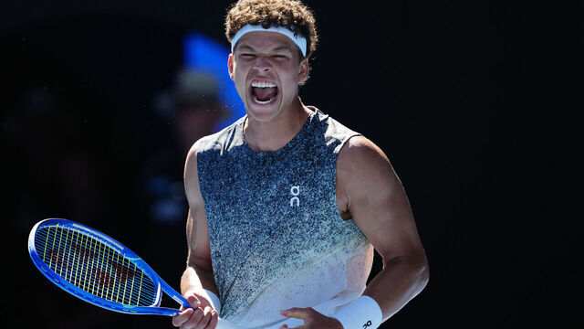 MELBOURNE, AUSTRALIA - JANUARY 20: Ben Shelton of the United States celebrates his victory in the Men's Singles First Round match against Ugo Humbert of France during day three of the 2026 Australian Open at Melbourne Park on January 20, 2026 in Melbourne, Australia.