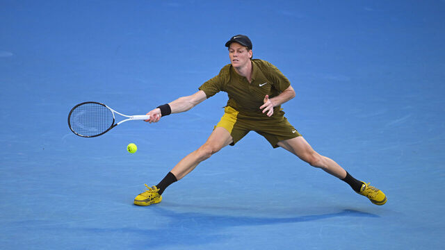 MELBOURNE, AUSTRALIA - JANUARY 20: Jannik Sinner of Italy in action against Hugo Gaston of France during the Men's Singles first round match of the 2026 Australian Open at Melbourne Park on January 20, 2026 in Melbourne, Australia.