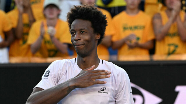 France's Gael Monfils acknowledges the crowd after losing to Australia's Dane Sweeny in their men's singles match on day three of the Australian Open tennis tournament in Melbourne on January 20, 2026. / -- IMAGE RESTRICTED TO EDITORIAL USE - STRICTLY NO COMMERCIAL USE --