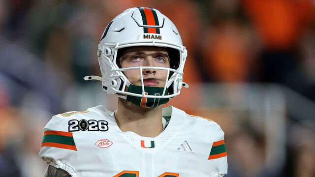 MIAMI GARDENS, FLORIDA - JANUARY 19: Carson Beck #11 of the Miami Hurricanes warms up prior to a game against the Indiana Hoosiers in the 2026 College Football Playoff National Championship at Hard Rock Stadium on January 19, 2026 in Miami Gardens, Florida.