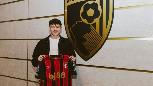 WIMBORNE MINSTER, ENGLAND - JANUARY 19: New AFC Bournemouth signing Alex Toth is unveiled at Canford Performance Centre on January 19, 2026 in Wimborne Minster, England.