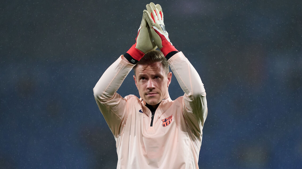 SAN SEBASTIAN, SPAIN - JANUARY 18: Marc Andre Ter Stegen of FC Barcelona warms up prior to the LaLiga EA Sports match between Real Sociedad and FC Barcelona at Estadio Anoeta on January 18, 2026 in San Sebastian, Spain.