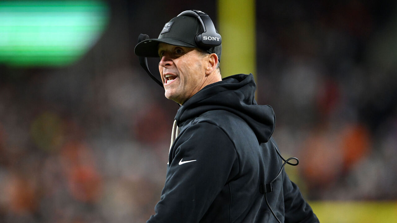 CLEVELAND, OHIO - NOVEMBER 16: Head coach John Harbaugh of the Baltimore Ravens looks on during the second quarter against the Cleveland Browns at Huntington Bank Field on November 16, 2025 in Cleveland, Ohio.