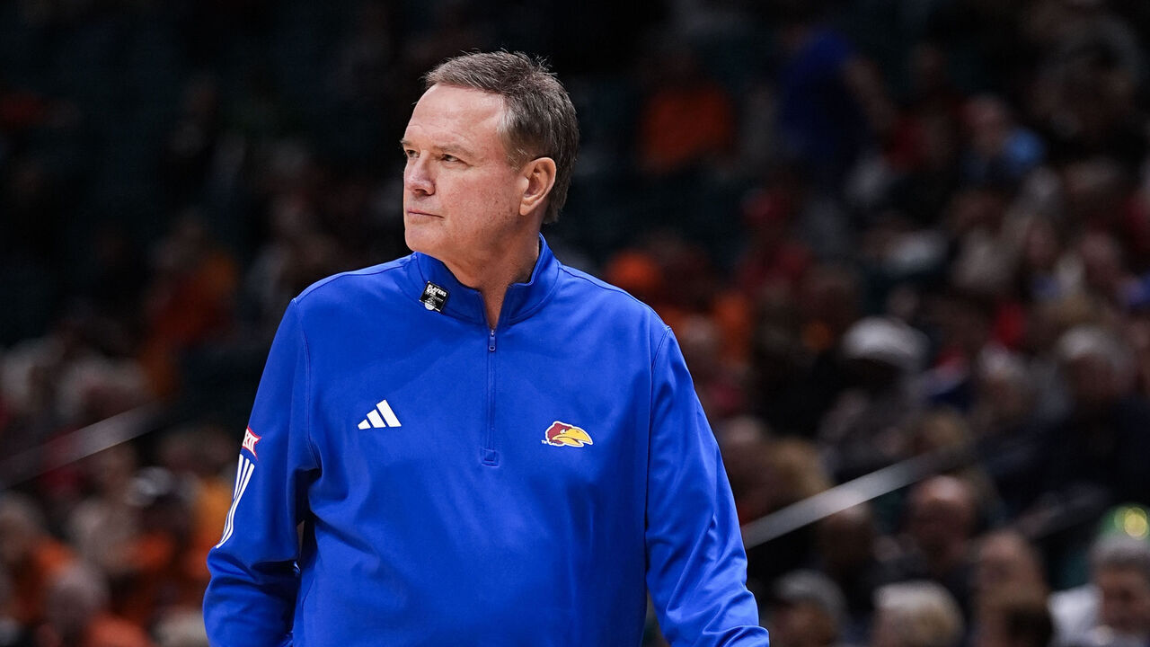 LAS VEGAS, NEVADA - NOVEMBER 25: Head coach Bill Self of the Kansas Jayhawks looks on in the second half against the Syracuse Orange during the Players Era Championship basketball tournament at MGM Grand Garden Arena on November 25, 2025 in Las Vegas, Nevada.