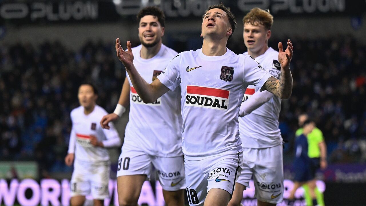 Westerlo's Griffin Yow celebrates after scoring during a soccer match between KRC Genk and KVC Westerlo, Sunday 14 December 2025 in Genk, a game of day 18 of the 2025-2026 'Jupiler Pro League' first division of the Belgian championship. BELGA PHOTO JOHAN EYCKENS