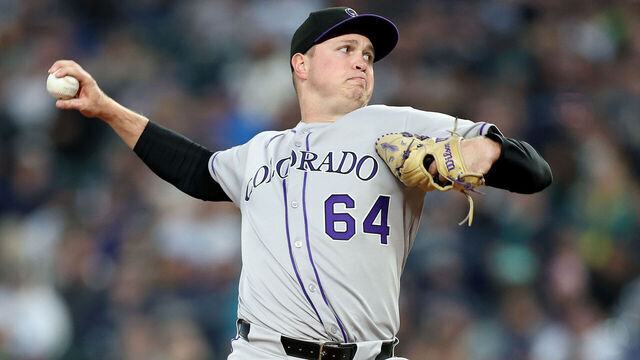 SEATTLE, WASHINGTON - SEPTEMBER 25: Bradley Blalock #64 of the Colorado Rockies pitches during the second inning against the Seattle Mariners at T-Mobile Park on September 25, 2025 in Seattle, Washington.