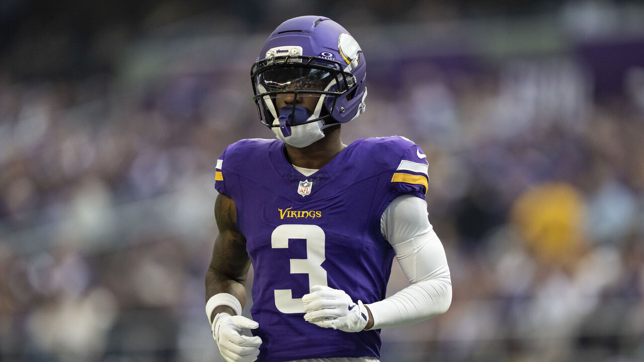 MINNEAPOLIS, MINNESOTA - DECEMBER 7: Jordan Addison #3 of the Minnesota Vikings runs during an NFL football game against the Washington Commanders at U.S. Bank Stadium on December 07, 2025 in Minneapolis, Minnesota.