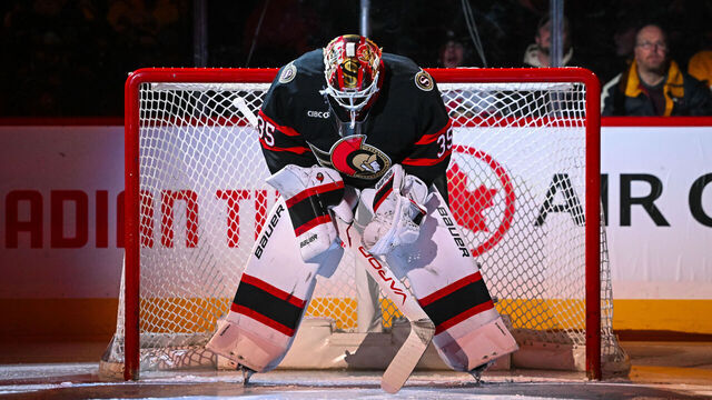 OTTAWA, CANADA - DECEMBER 18: Linus Ullmark #35 of the Ottawa Senators looks on prior to a game against the Pittsburgh Penguins on December 18, 2025 at Canadian Tire Centre in Ottawa, Ontario, Canada.