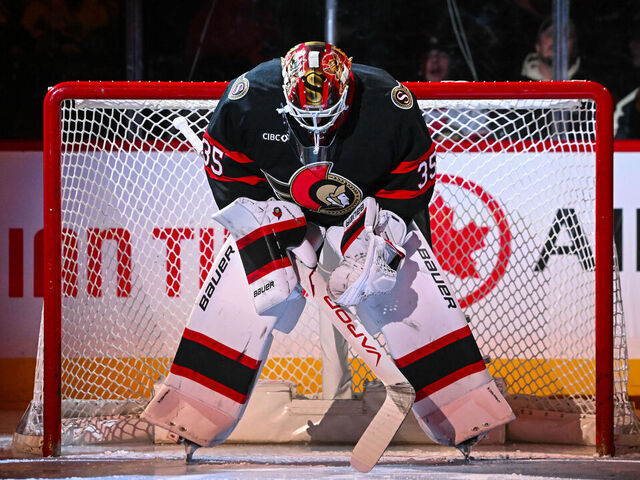 OTTAWA, CANADA - DECEMBER 18: Linus Ullmark #35 of the Ottawa Senators looks on prior to a game against the Pittsburgh Penguins on December 18, 2025 at Canadian Tire Centre in Ottawa, Ontario, Canada.