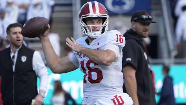 UNIVERSITY PARK, PA - NOVEMBER 08: Indiana Hoosiers Quarterback Alberto Mendoza (16) warms up prior to the College Football game between the Indiana Hoosiers and the Penn State Nittany Lions on November 8, 2025, at Beaver Stadium in University Park, PA.