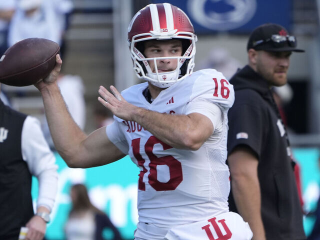 UNIVERSITY PARK, PA - NOVEMBER 08: Indiana Hoosiers Quarterback Alberto Mendoza (16) warms up prior to the College Football game between the Indiana Hoosiers and the Penn State Nittany Lions on November 8, 2025, at Beaver Stadium in University Park, PA.