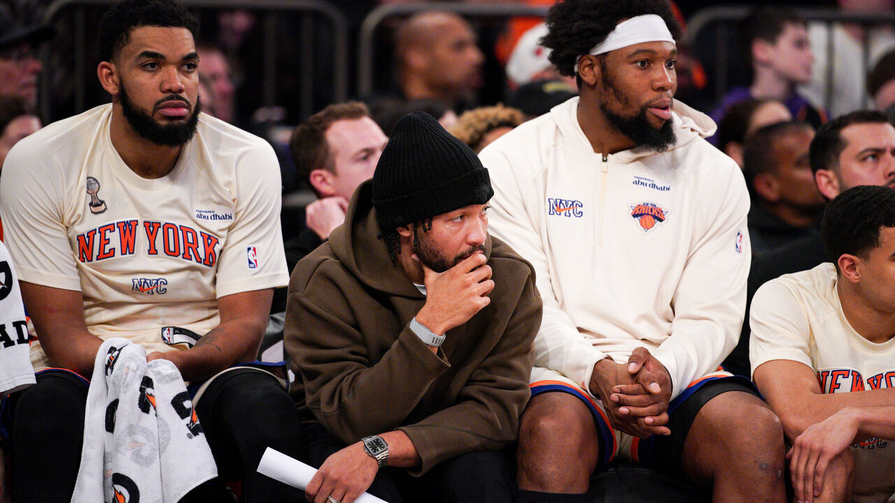 NEW YORK, NEW YORK - JANUARY 17: Jalen Brunson #11 of the New York Knicks watches the game from the bench in the second half during the game against the Phoenix Suns at Madison Square Garden on January 17, 2026 in New York City.