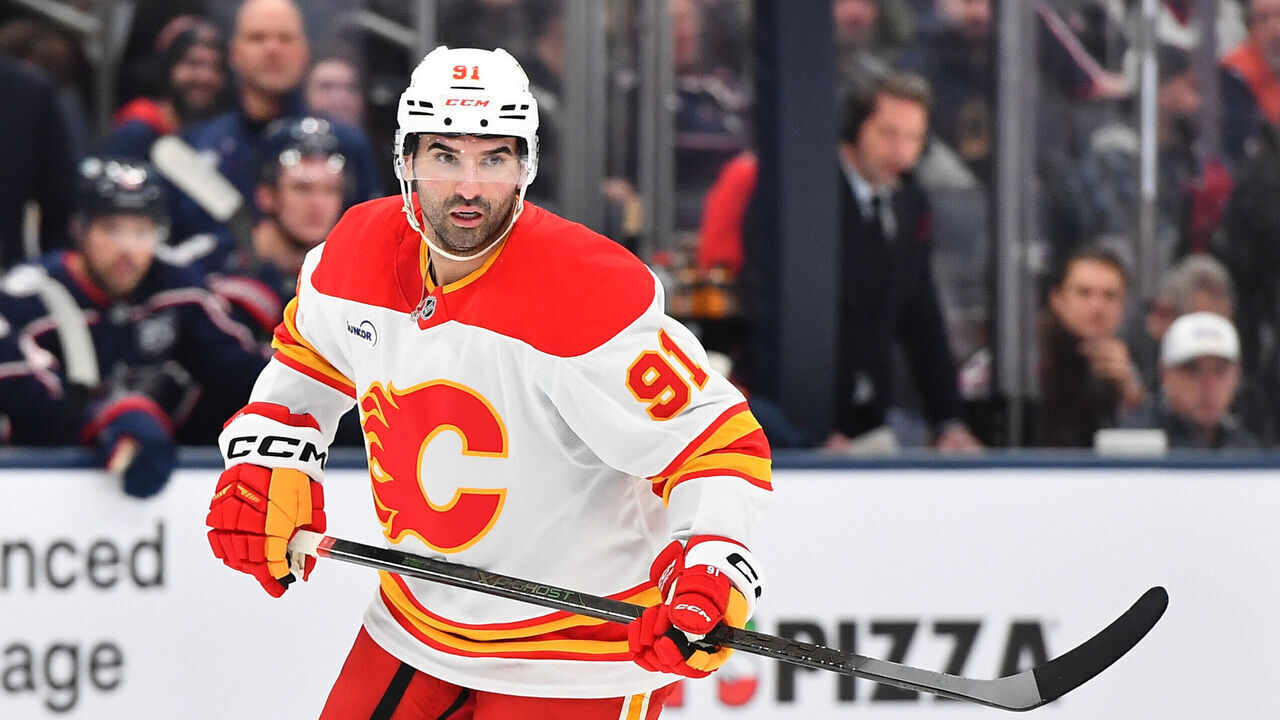 COLUMBUS, OHIO - JANUARY 13: Nazem Kadri #91 of the Calgary Flames skates in the first period of a game against the Columbus Blue Jackets at Nationwide Arena on January 13, 2026 in Columbus, Ohio.