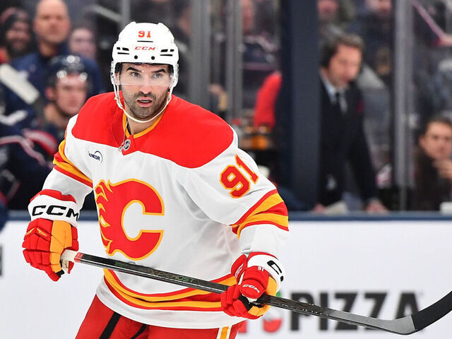 COLUMBUS, OHIO - JANUARY 13: Nazem Kadri #91 of the Calgary Flames skates in the first period of a game against the Columbus Blue Jackets at Nationwide Arena on January 13, 2026 in Columbus, Ohio.