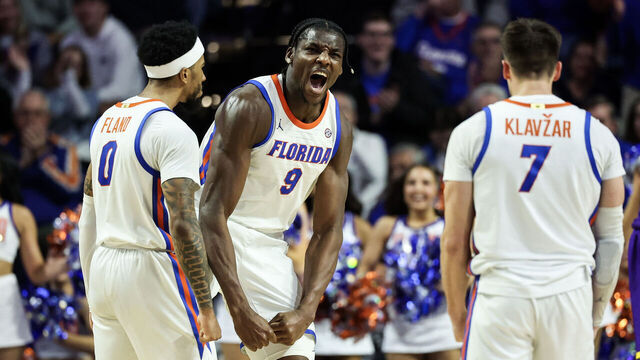 GAINESVILLE, FLORIDA - JANUARY 20: Rueben Chinyelu #9 of the Florida Gators reacts during the second half of a game against the LSU Tigers at the Stephen C. O'Connell Center on January 20, 2026 in Gainesville, Florida.