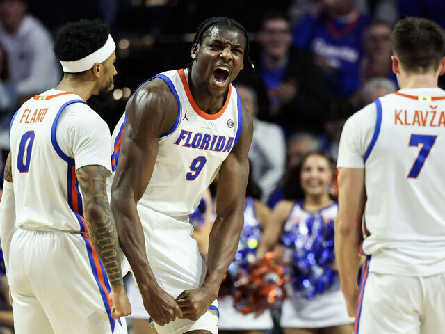 GAINESVILLE, FLORIDA - JANUARY 20: Rueben Chinyelu #9 of the Florida Gators reacts during the second half of a game against the LSU Tigers at the Stephen C. O'Connell Center on January 20, 2026 in Gainesville, Florida.