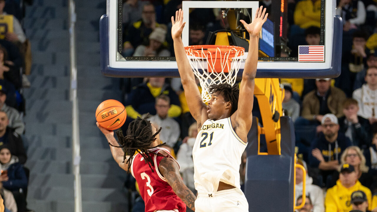ANN ARBOR, MICHIGAN - JANUARY 20: Lamar Wilkerson #3 of the Indiana Hoosiers shoots the ball against Morez Johnson Jr. #21 of the Michigan Wolverines during the first half at Crisler Arena on January 20, 2026 in Ann Arbor, Michigan.