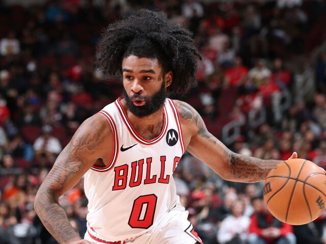 CHICAGO, IL - JANUARY 18: Coby White #0 of the Chicago Bulls drives to the basket during the game against the Brooklyn Nets on January 18, 2026 at United Center in Chicago, Illinois. Mandatory Copyright Notice: Copyright 2026 NBAE