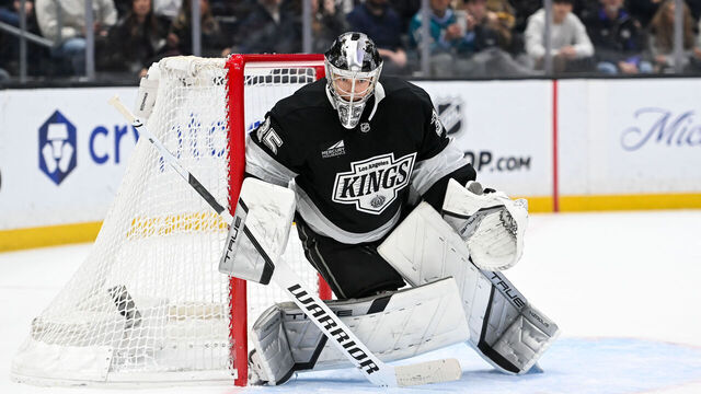 LOS ANGELES, CA - JANUARY 7: Darcy Kuemper #35 of the Los Angeles Kings protects the goal during overtime against the San Jose Sharks at Crypto.com Arena on January 7, 2026 in Los Angeles, California.